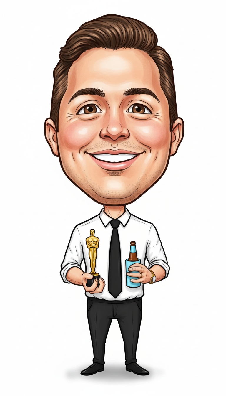 Sample big-head AI caricature of a smiling man holding a trophy