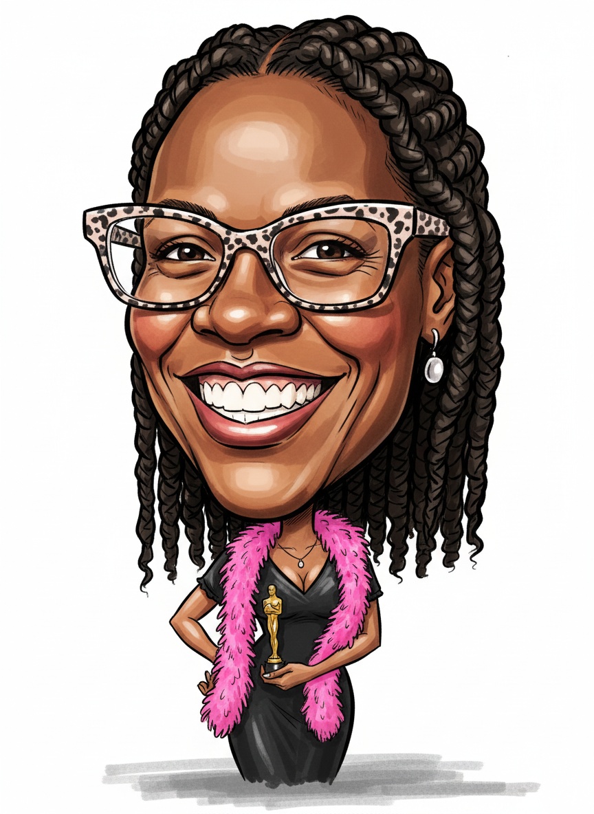 Sample big-head AI caricature of a woman wearing glasses and a pink feather boa