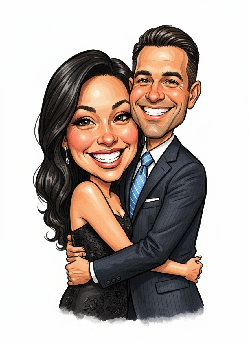 Sample AI caricature of a smiling couple in formal attire