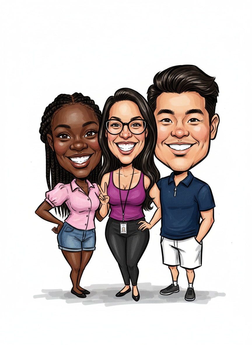Sample group AI caricature of three smiling people