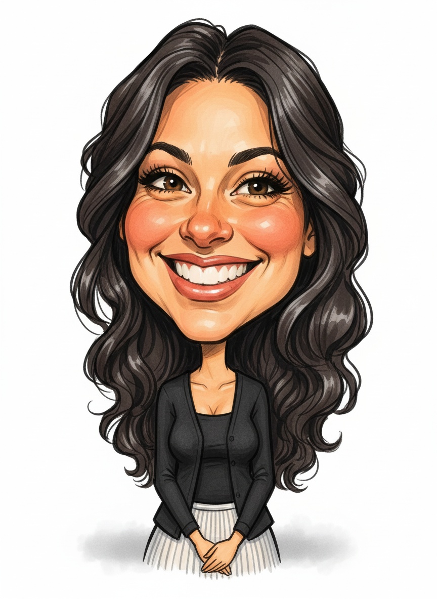 Sample street-style AI caricature of a woman with long dark hair